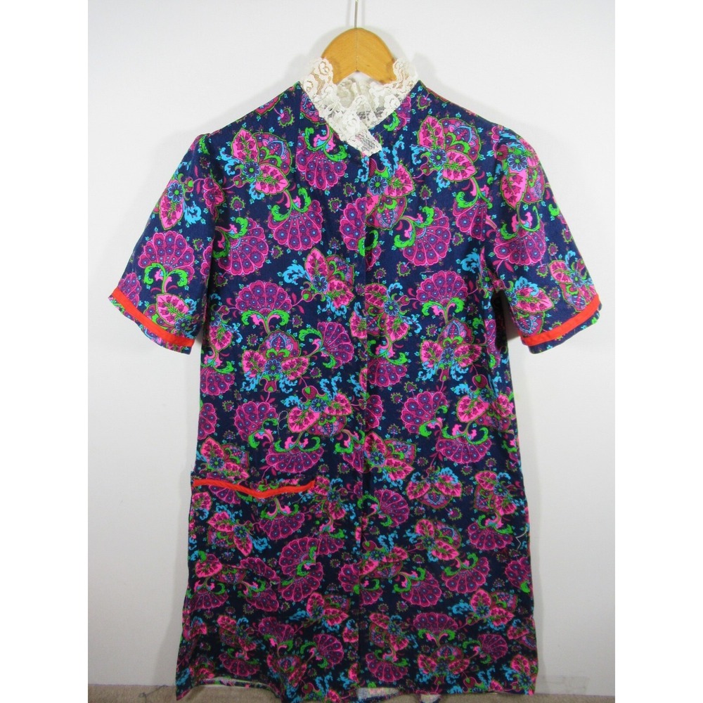 Vintage 60s Unfinished Barkcloth Robe Women Handmade Short Sleeve Groovy